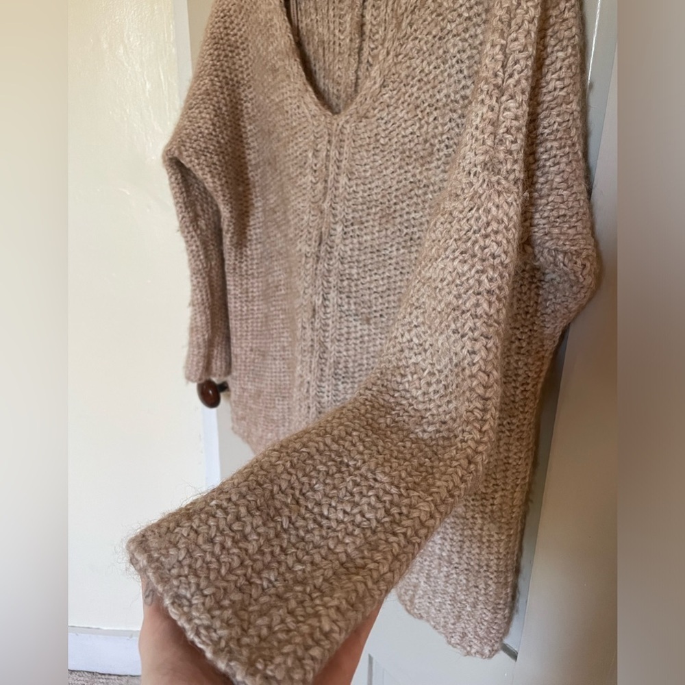 Moth Tan V-Neck Sweater with Chunky Knit Oversized Soft Comfy Flowy Cute Luxury - Picture 6 of 14
